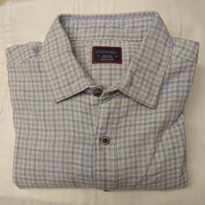 Untuckit Mens M Long Sleeve Button Up  Blue Olive White Plaid Flannel Shirt EUC